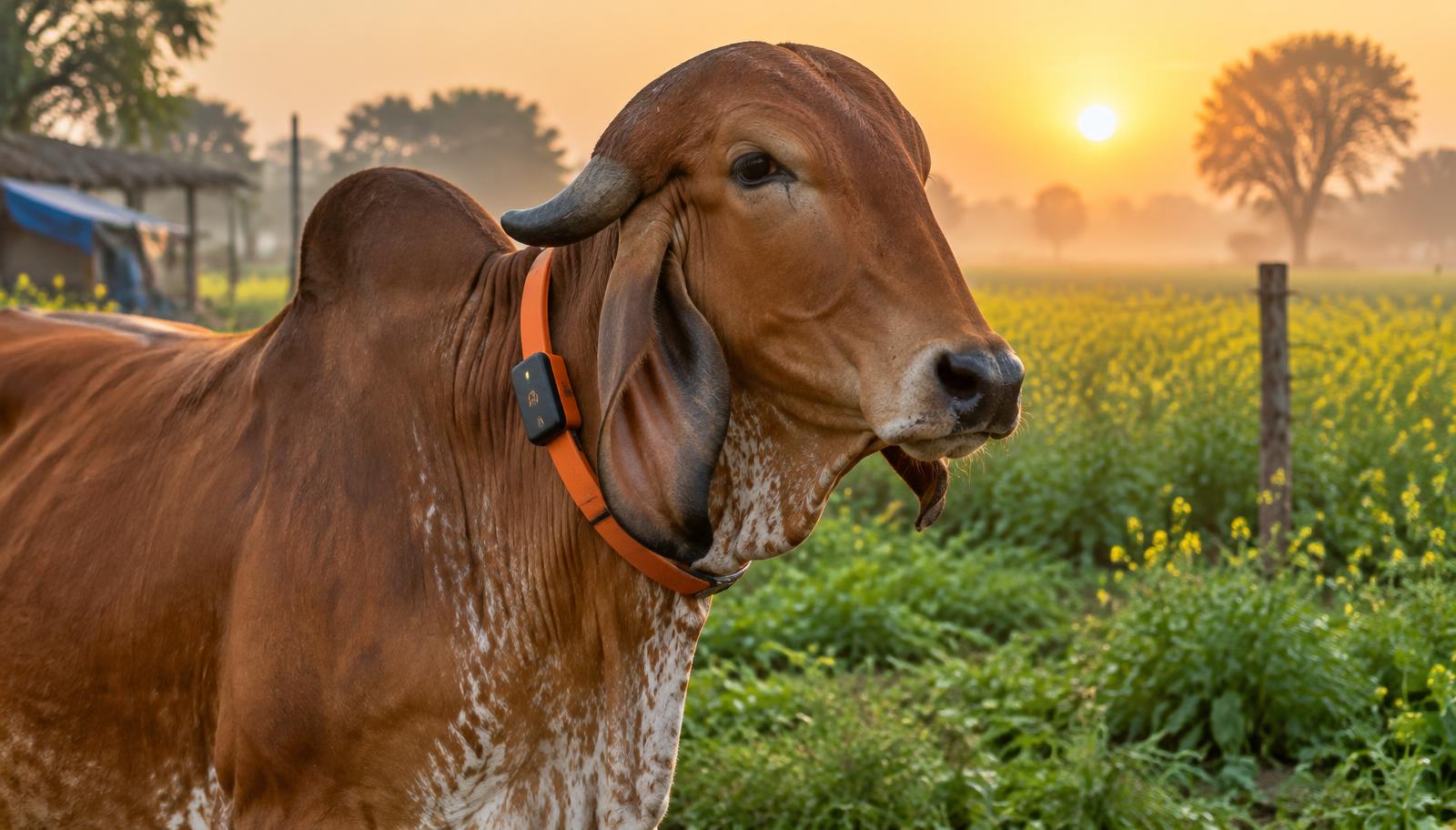 Gir cow wearing a ConnectedCow smart collar at sunrise